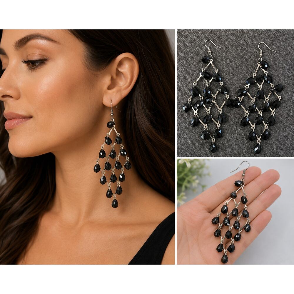 Black Beaded Chandelier Earrings | Statement Dangle Earrings